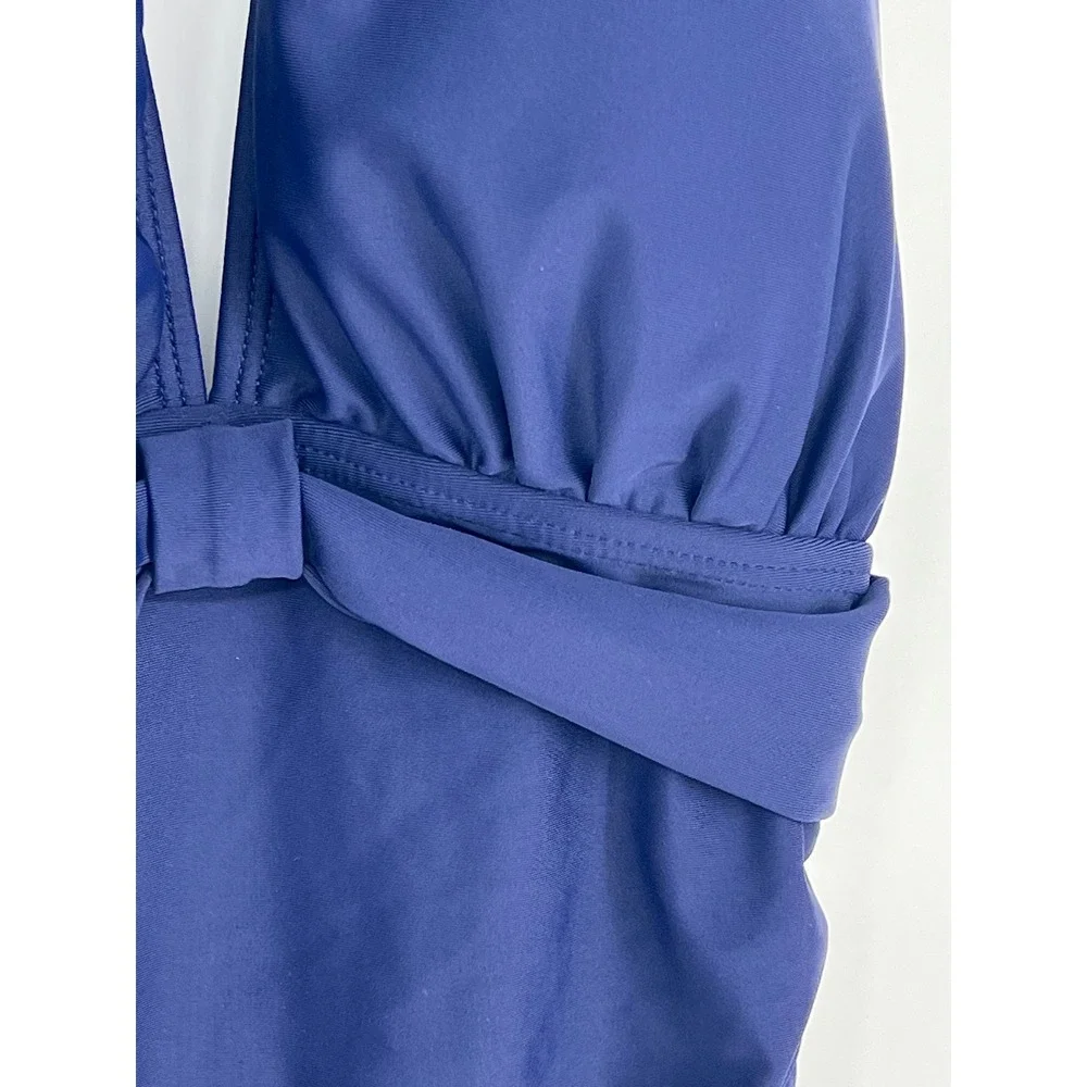 Tempt Me Womens Navy Blue Halter One Piece Swimsuit Ruched‎ V-Neck Size S